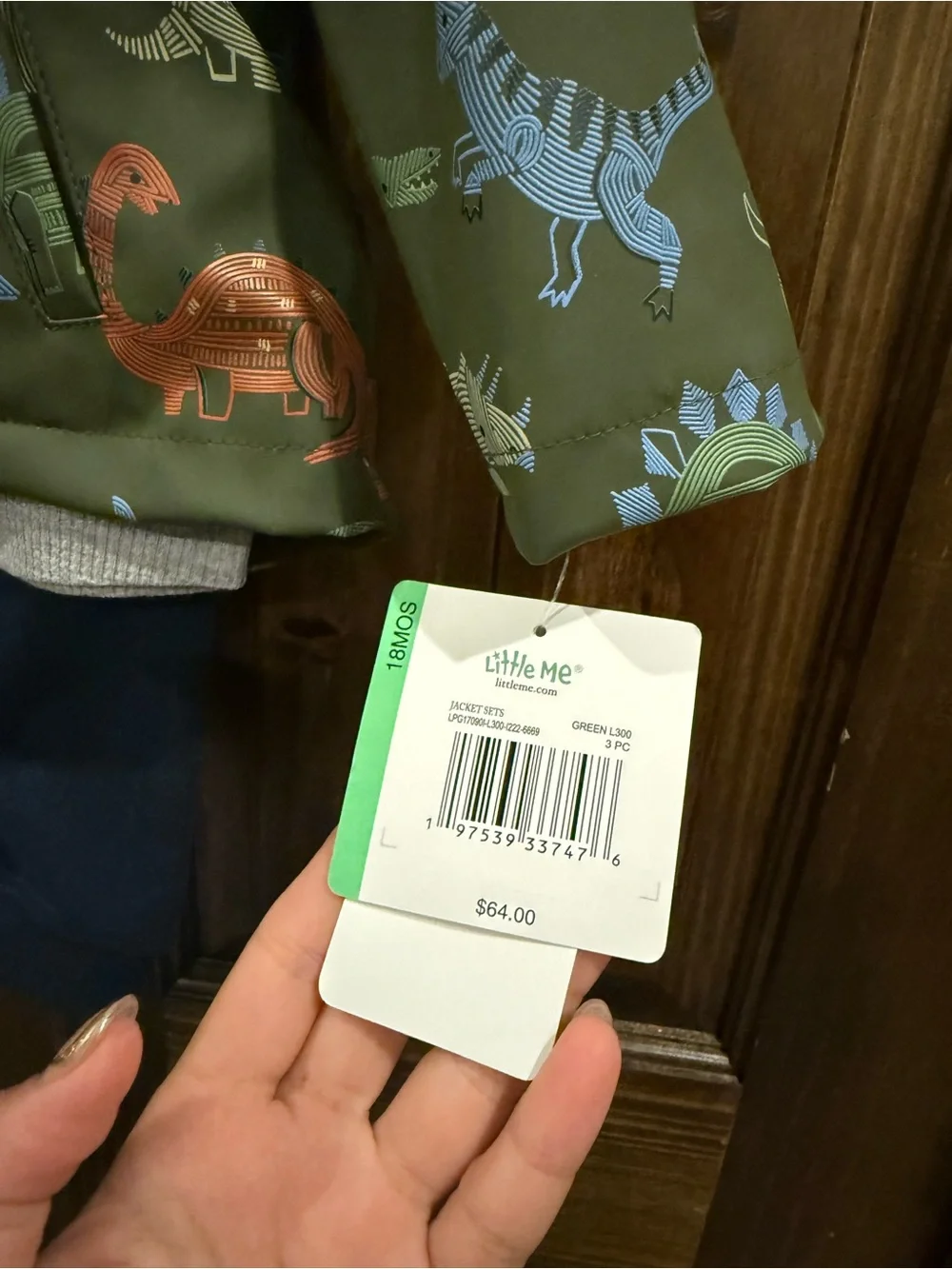 Little Me Olive Dinosaur Print Hooded Jacket